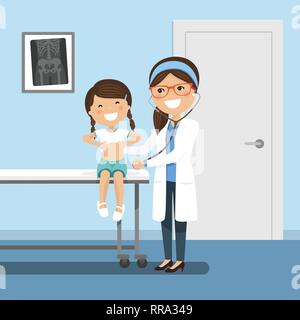 Kinderarzt Frau Doktor Prüfung ein fröhliches kleines Mädchen. Vector Illustration Stock Vektor