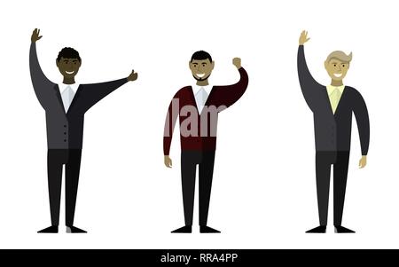 Drei Männer verschiedener Rassen. Lächelnd und winkend. Vektorabbildung Stock Vektor