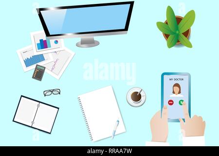 Blick von oben auf das Büro Schreibtisch mit Büroausstattung. Mitarbeiter ruft Arzt durch Smart Phone. Alle möglichen Marken entfernt sind. Stock Vektor