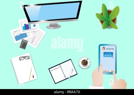 Elektronisches Rezept in der Praxis Konzept Vector übersicht Büro Schreibtisch mit Büroausstattung und Person, ein Smartphone mit einem Rezept von m Stock Vektor