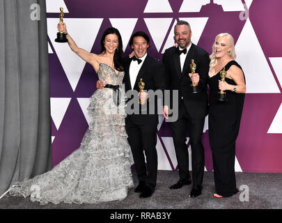 Elizabeth Chai Vasarhelyi, Jimmy Chin, Evan Hayes und Shannon Dill mit dem Preis für den besten Dokumentarfilm im Presseraum an der 91st Academy Awards gehalten an der Dolby Theatre in Hollywood, Los Angeles, USA. Stockfoto