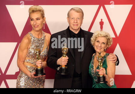 HOLLYWOOD, Kalifornien - 24. Februar: Kate Biscoe, Greg Cannom, Patricia Dehaney, auf der 91. jährlichen Academy Awards Presse in Hollywood und Highland am 24. Februar 2019 in Hollywood, Kalifornien. Credit: Faye Sadou/MediaPunch Stockfoto