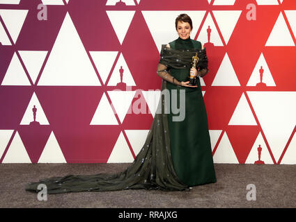 Hollywood, Kalifornien, USA. 24 Feb, 2019. Olivia Colman, auf der 91. jährlichen Academy Awards Presse in Hollywood und Highland am 24. Februar 2019 in Hollywood, Kalifornien. Credit: Faye Sadou/Medien Punch/Alamy leben Nachrichten Stockfoto