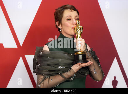Hollywood, Kalifornien, USA. 24 Feb, 2019. Olivia Colman, auf der 91. jährlichen Academy Awards Presse in Hollywood und Highland am 24. Februar 2019 in Hollywood, Kalifornien. Credit: Faye Sadou/Medien Punch/Alamy leben Nachrichten Stockfoto