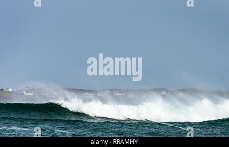 Rosbeg, County Donegal, Irland. 25. Februar 2019. Massive Wellen auf den Atlantischen Ozean in den Schatten Coastal Cottages im Dorf. Credit: Richard Wayman/Alamy leben Nachrichten Stockfoto