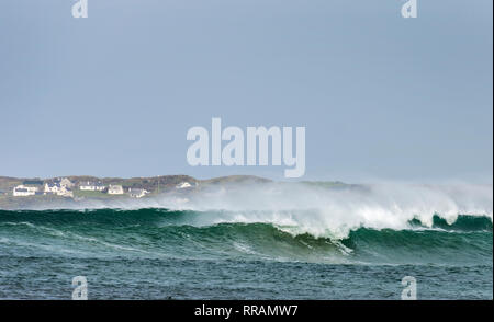 Rosbeg, County Donegal, Irland. 25. Februar 2019. Massive Wellen auf den Atlantischen Ozean in den Schatten Coastal Cottages im Dorf. Credit: Richard Wayman/Alamy leben Nachrichten Stockfoto