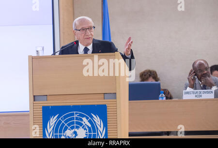 Genf, Schweiz. 25 Feb, 2019. Tunesische Präsident Beji Caid Essebsi liefert eine Rede bei der Eröffnung der 40. ordentlichen Sitzung des Menschenrechtsrates der Vereinten Nationen (UNHRC) in Genf, Schweiz, 25. Februar 2019. Der unhrc eröffnete seine 40. ordentliche Sitzung hier am Montag. Die Delegierten werden Aussagen von rund 100 hochrangige Würdenträger in den kommenden Wochen zu hören. Credit: Xu Jinquan/Xinhua/Alamy leben Nachrichten Stockfoto