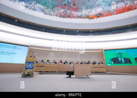 Genf, Schweiz. 25 Feb, 2019. Tunesische Präsident Beji Caid Essebsi liefert eine Rede bei der Eröffnung der 40. ordentlichen Sitzung des Menschenrechtsrates der Vereinten Nationen (UNHRC) in Genf, Schweiz, 25. Februar 2019. Der unhrc eröffnete seine 40. ordentliche Sitzung hier am Montag. Die Delegierten werden Aussagen von rund 100 hochrangige Würdenträger in den kommenden Wochen zu hören. Credit: Xu Jinquan/Xinhua/Alamy leben Nachrichten Stockfoto