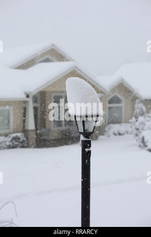 Eugene, Oregon, USA. 25 Feb, 2019. Schnee auf einem Lamp Post nach einem Schneesturm in Eugene, Oregon gestapelt. Credit: Gina Kelly/Alamy leben Nachrichten Stockfoto