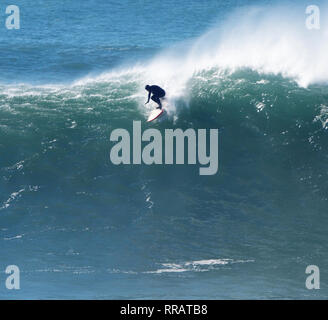 Newquay, Cornwall, 25. Februar 2019. UK Wetter: Surfer genießen wärmsten Tag des Jahres und Hawaiianische große Wellen an Cribbar Punkt Fistral Beach. . Newquay Cornwall. Credit: Robert Taylor/Alamy leben Nachrichten Stockfoto