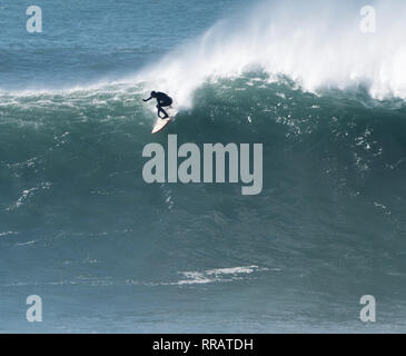 Newquay, Cornwall, 25. Februar 2019. UK Wetter: Surfer genießen wärmsten Tag des Jahres und Hawaiianische große Wellen an Cribbar Punkt Fistral Beach. . Newquay Cornwall. Credit: Robert Taylor/Alamy leben Nachrichten Stockfoto