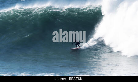 Newquay, Cornwall, 25. Februar 2019. UK Wetter: Surfer genießen wärmsten Tag des Jahres und Hawaiianische große Wellen an Cribbar Punkt Fistral Beach. . Newquay Cornwall. Credit: Robert Taylor/Alamy leben Nachrichten Stockfoto