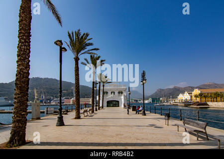 Cartagena, Murcia, Spanien; Februar 2017: Strandpromenade mit Palmen, Pier mit vielen Yachten in der Bucht von Cartagena Stadt, Region Murcia Stockfoto