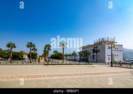 Cartagena, Murcia, Spanien; Februar 2017: Strandpromenade mit Palmen, Pier mit vielen Yachten in der Bucht von Cartagena Stadt, Region Murcia Stockfoto