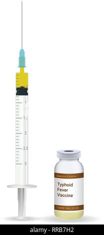 Immunisierung, Typhus Impfstoff Kunststoff medizinische Spritze mit Nadel und Fläschchen isoliert auf einem weißen Hintergrund. Vector Illustration. Stock Vektor