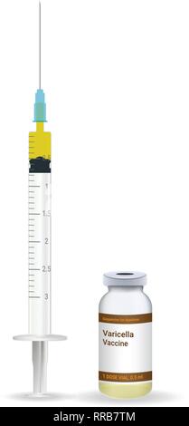 Immunisierung, Varizellen-impfstoff Kunststoff medizinische Spritze mit Nadel und Fläschchen isoliert auf einem weißen Hintergrund. Vector Illustration. Stock Vektor
