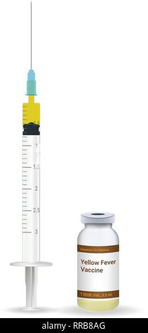 Immunisierung, Gelbfieberimpfung Kunststoff medizinische Spritze mit Nadel und Fläschchen isoliert auf einem weißen Hintergrund. Vector Illustration. Stock Vektor