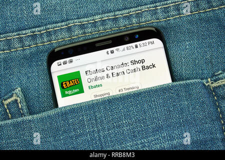 MONTREAL, KANADA - Dezember 23, 2018: ebates Logo und Android App auf Samsung S8-Bildschirm. Ebates Kanada ist eine US-amerikanische cashback Service im Hauptsitz Stockfoto