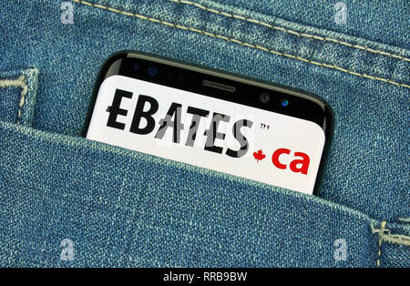 MONTREAL, KANADA - Dezember 23, 2018: ebates Logo und Android App auf Samsung S8-Bildschirm. Ebates Kanada ist eine US-amerikanische cashback Service im Hauptsitz Stockfoto