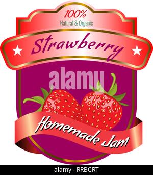 Organische Erdbeere Label Design für Jam-Paket. 3D-Vektor Illustration. Stock Vektor
