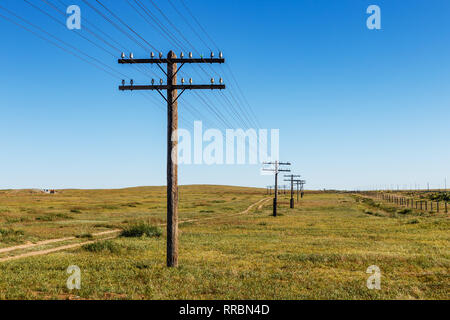 Oberleitung auf Holzstützen in der mongolischen Steppe, Bajan, Mongolei Stockfoto