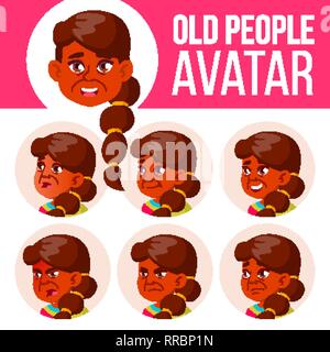 Indische alte Frau Avatar Set Vektor. Gesicht Emotionen. Ältere Person Porträt. Ältere Menschen. Im Alter. Kopf, Symbol. Glück genießen. Cartoon Kopf Stock Vektor