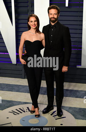 Natalie Portman und Benjamin Millepied Teilnahme an die Vanity Fair Oscar Party im Wallis Annenberg Center für Darstellende Künste in Beverly Hills, Los Angeles, Kalifornien, USA, statt. Stockfoto