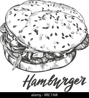 Big Burger, hamburger Hand gezeichnet Vektor-illustration Skizze Retro Stil Stock Vektor