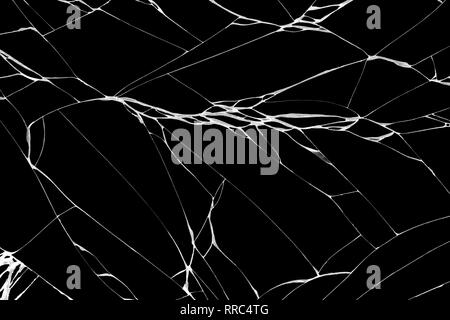 Close-up Kunst der Muster der Knicke und Risse auf dem Touchscreen Display des Smartphones durch fallende auf schwarzem Hintergrund verursacht Stockfoto