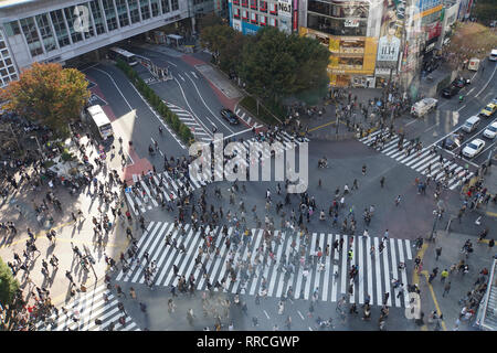 Erhöhte Ansicht einer Krähte der Fußgänger ein 4 Wege Zebrastreifen im Zentrum von Tokio, Japan Stockfoto