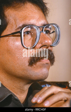 CARACAS, Venezuela - Februar 3, 1989: Daniel Ortega, Präsident von Nicaragua, in der Pressekonferenz. Stockfoto