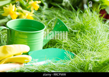 Tools auf dem grünen Rasen im Frühling Garten abstract Gartenarbeit Hintergrund Stockfoto