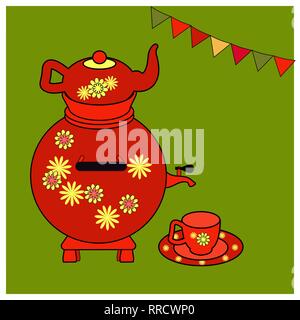 Red Samowar und Utensilien für die Kaffee mit gelben Blumen Ornament. Rote Teekanne, Tasse und Untertasse. Russischer nationaler Feiertag. Pädagogische Karten oder Grußkarte Stock Vektor