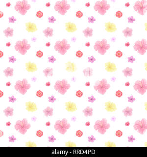 Digitale Blumen seamlless Muster rot gelb rosa Garten Blumen Feld Muster geometrische Veranschaulichung Clipart auf Hintergrund Stockfoto