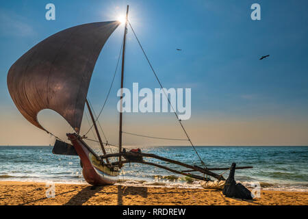 Eine Oruwa Fischerboot sitzt in der prallen Sonne am Strand von Negombo mit Blick auf den Indischen Ozean. Aus schmalen canoestopped durch einen enormen sa Stockfoto