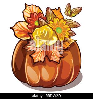 Handgefertigte herbst Einrichtung von getrockneten Blumen, vergilbte Blätter der Kastanie und Ahorn in natürlichen Vase von Reifen Kürbis auf weißem Hintergrund. Vektor Stock Vektor