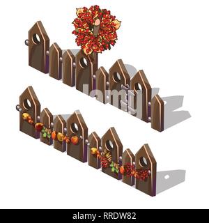 Eine Reihe von Fragmenten von einem Holzzaun mit frischen Herbst Früchte und Kranz der Herbst Bäume Blätter mit Beeren Holly auf Weiß isoliert Stock Vektor