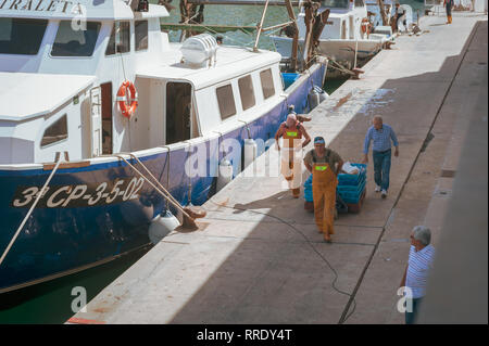 Fischer bewegen einen Trolley von Kisten mit frischem Fisch, vor kurzem Entladen von einem Fischerboot, entlang der Uferpromenade am Hafen von Denia in Spanien. Stockfoto