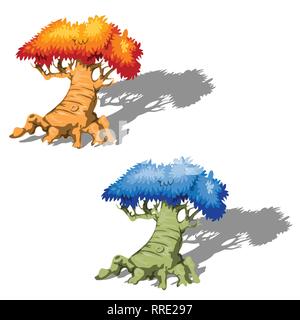 Die alte Fantasie Bäume mit einem blau und orange tree Kronen auf weißem Hintergrund. Vektor cartoon Close-up Abbildung. Stock Vektor