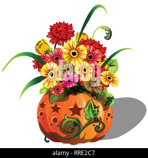 Handgefertigte Herbst Dekoration mit frischen Blumen Gerbera in Vase von Reifen Kürbis geschnittene Löcher in der Form eines Stern auf weißem Hintergrund. Vektor Stock Vektor