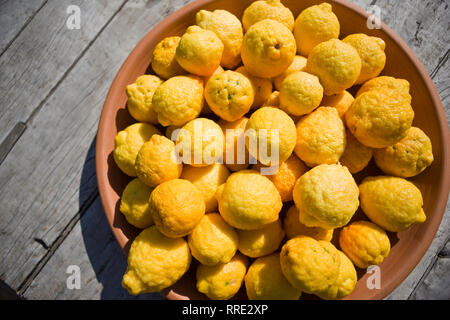 Große Schüssel mit gelben Zitronen in der Sonne. Stockfoto