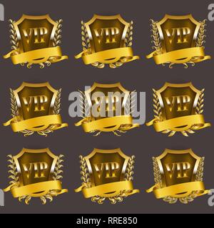 Satz von Gold vip Monogramme für Grafik Design auf grauem Hintergrund. Stock Vektor