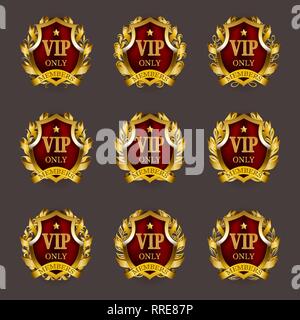 Satz von Gold vip Monogramme für Grafik Design auf grauem Hintergrund. Stock Vektor