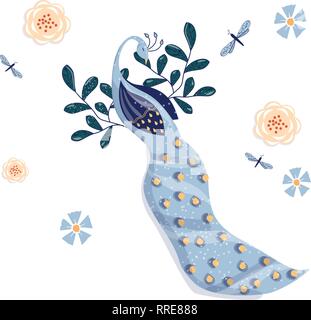 Peacock ckip Kunst und florale Indian Summer eine Vektor-illustration auf weißem Hintergrund Stock Vektor
