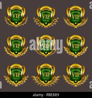 Satz von Gold vip Monogramme für Grafik Design auf grauem Hintergrund. Stock Vektor