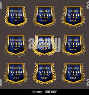 Satz von Gold vip Monogramme für Grafik Design auf grauem Hintergrund. Stock Vektor