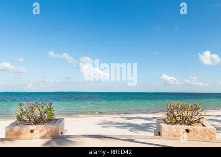 Hotel Patio mit Pflanzen tierisch darauf auf einem weißen Sandstrand in der Nähe von Cancun, Mexiko. Stockfoto