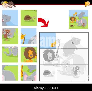 Cartoon Illustration der Pädagogischen Puzzle Spiel für Kinder mit lustigen Wilde Tiere Stock Vektor