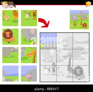 Cartoon Illustration der Pädagogischen Puzzle Spiel für Kinder mit Happy Wilde Tiere Stock Vektor