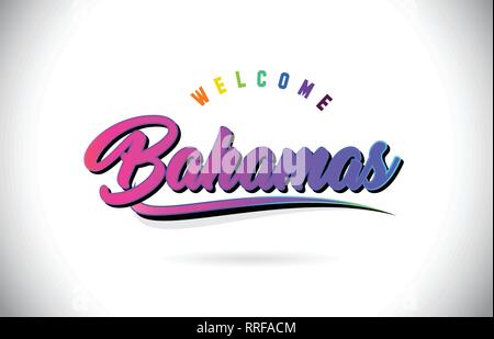 Bahamas Willkommen bei Wort Text mit Kreativen Lila Rosa handschriftlichen Font und Swoosh Form Design Vector Illustration. Stock Vektor